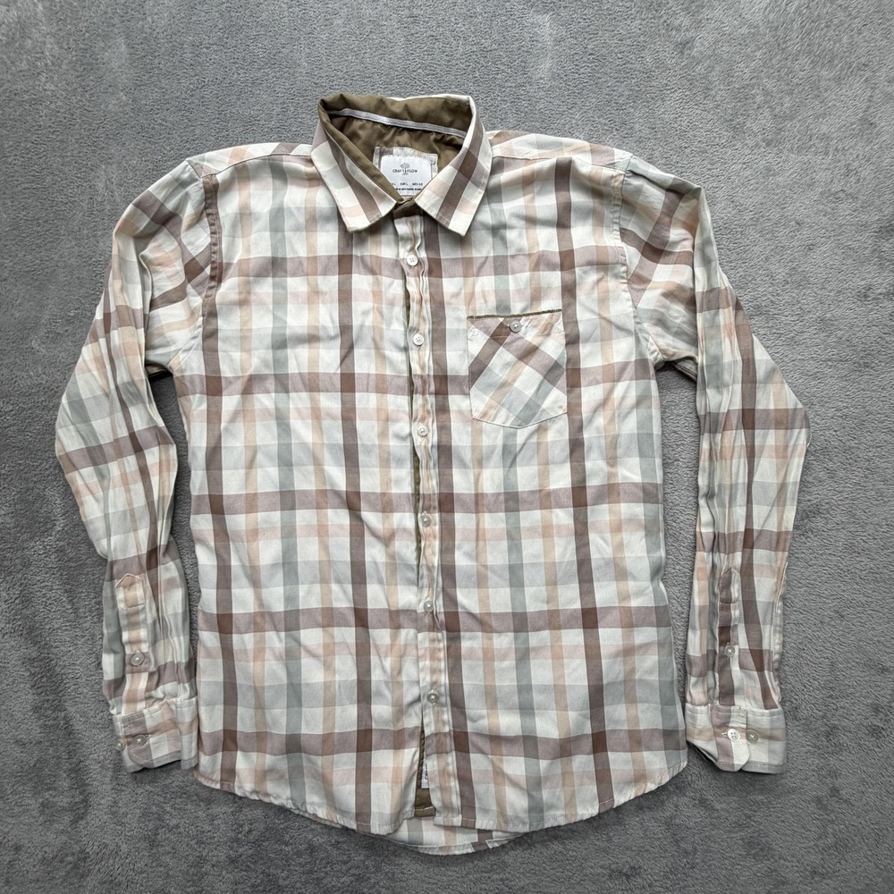 Craft‎ + Flow Shirt Mens L Beige Plaid Button Up Long Sleeve Twill Casual
